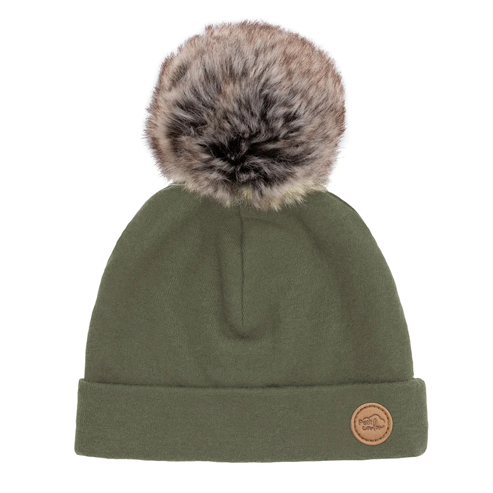 Tuque à pompon en coton bio pour bébé - Petit Coulou - Olive - vue 1
