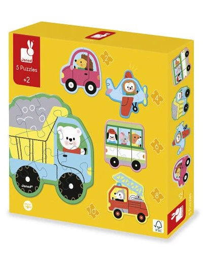 5 puzzles progressifs – Les véhicules -Casse-têtes- Boutique LeoLudo-Janod