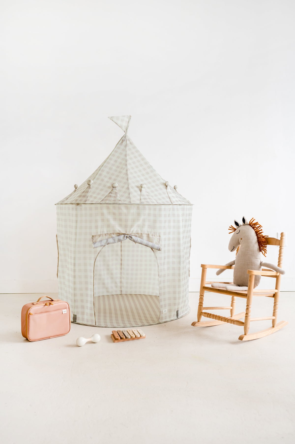 Tente de jeu château en tissu recyclé - Vichy beige - 3 Sprouts - Boutique LeoLudo