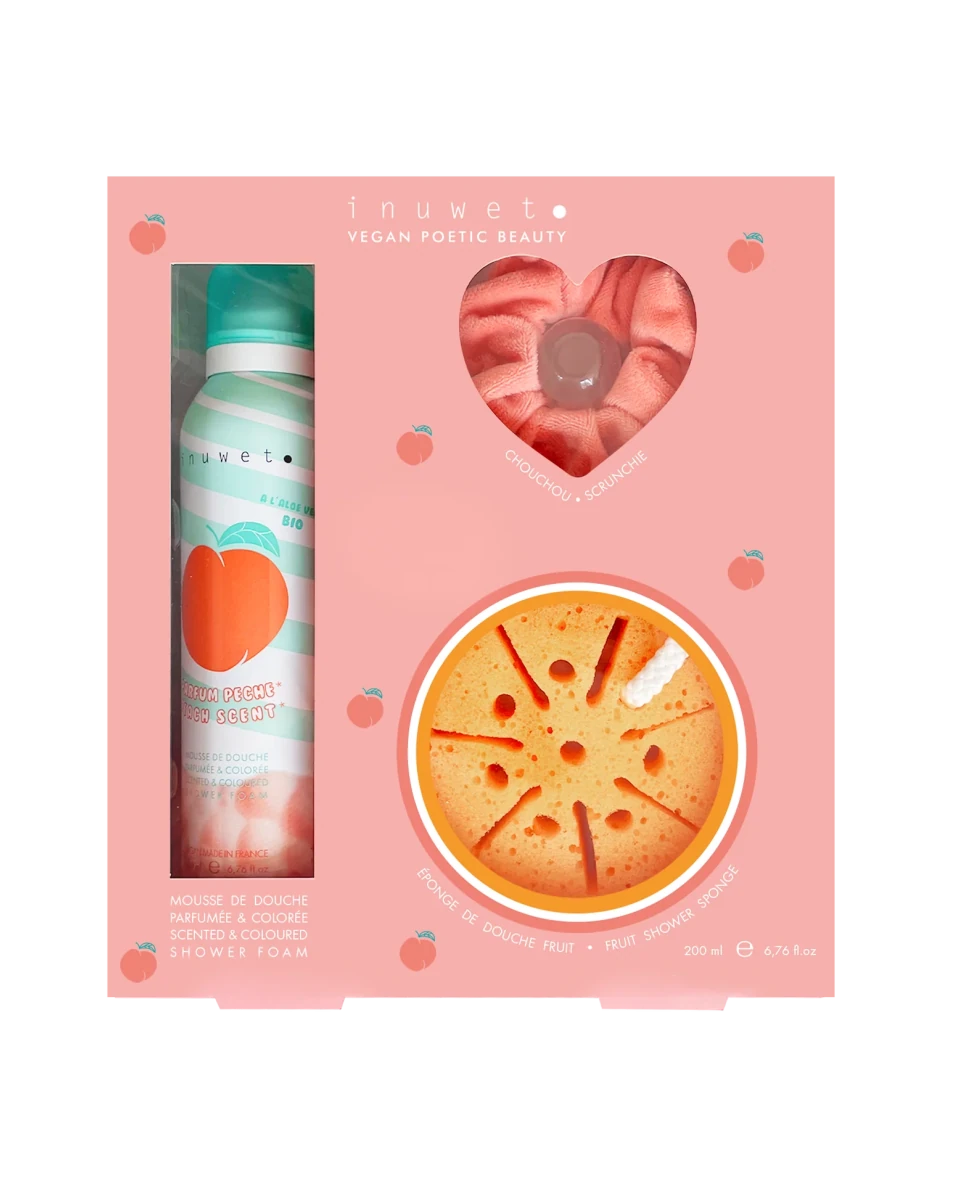 Coffret Bubble Peach – Mousse de douche pêche, éponge fruit & chouchou Inuwet - Pour le bain - Boutique LeoLudo - inuwet