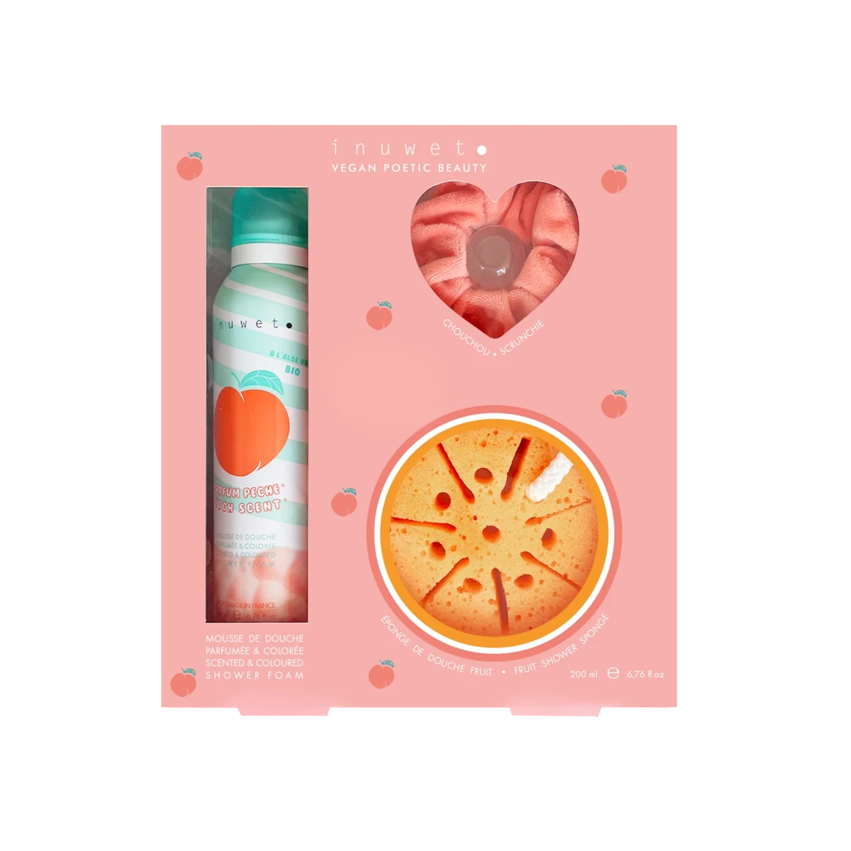 Coffret Bubble Peach – Mousse de douche pêche, éponge fruit & chouchou Inuwet - Pour le bain - Boutique LeoLudo - inuwet
