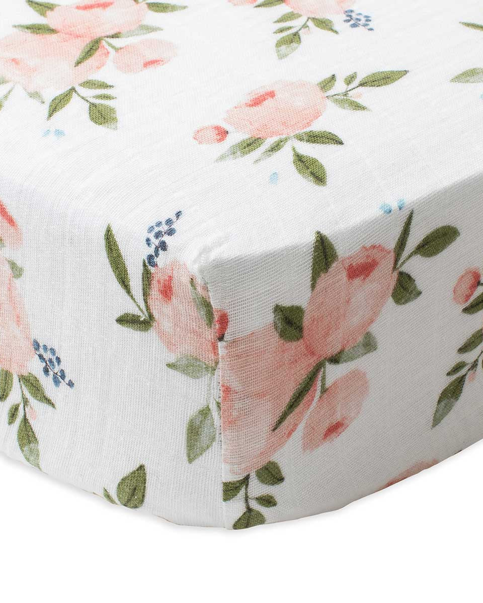 Drap contour en mousseline pour lit de bébé - Watercolor Roses - Literie - Boutique LeoLudo - Little Unicorn