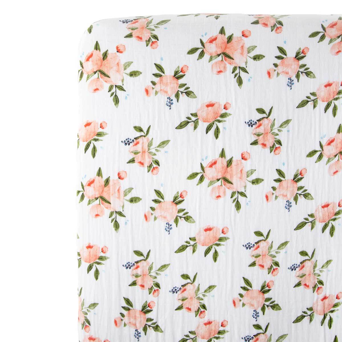 Drap contour en mousseline pour lit de bébé - Watercolor Roses-Little Unicorn-Boutique LeoLudo