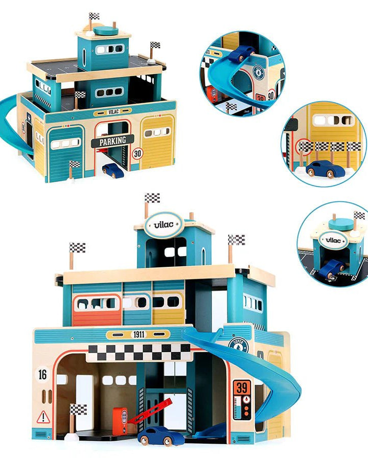 Garage en bois vintage à étages pour petites voitures - Ensembles de jeu - Boutique LeoLudo - Vilac