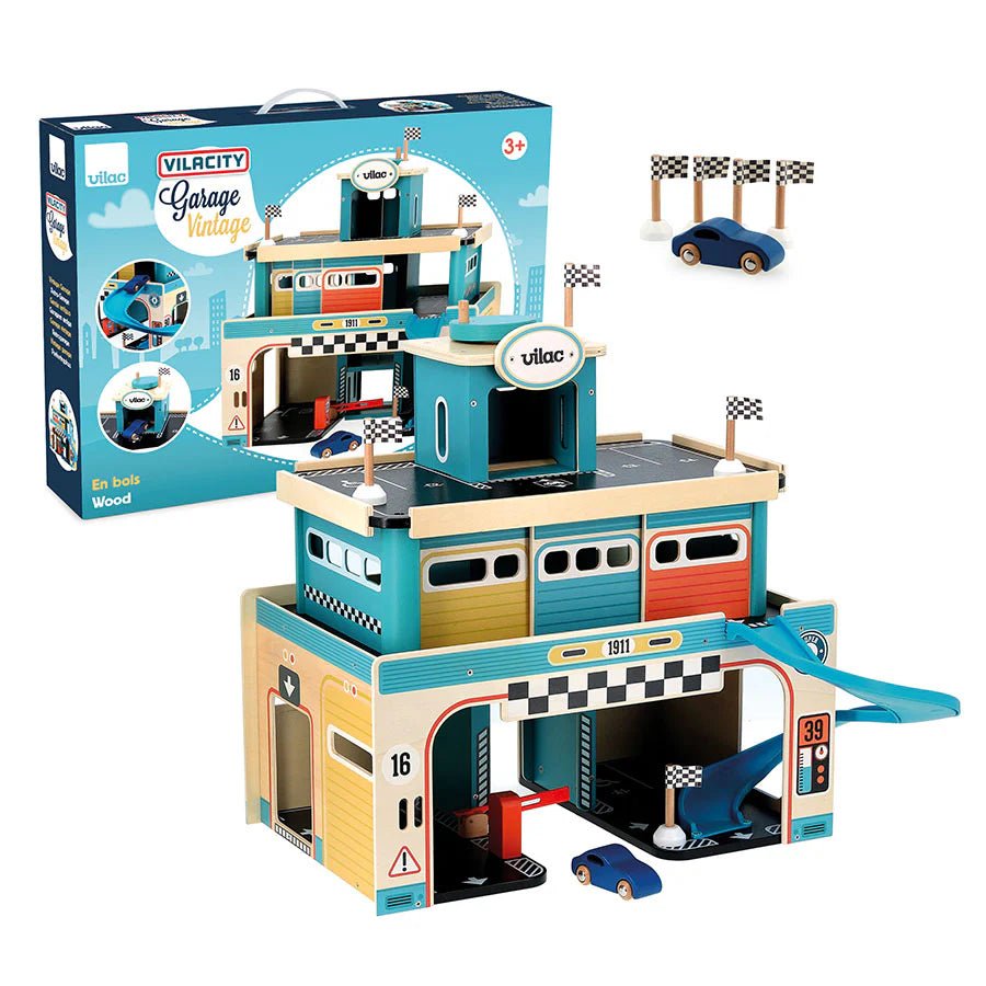 Garage en bois vintage à étages pour petites voitures - Ensembles de jeu - Boutique LeoLudo - Vilac