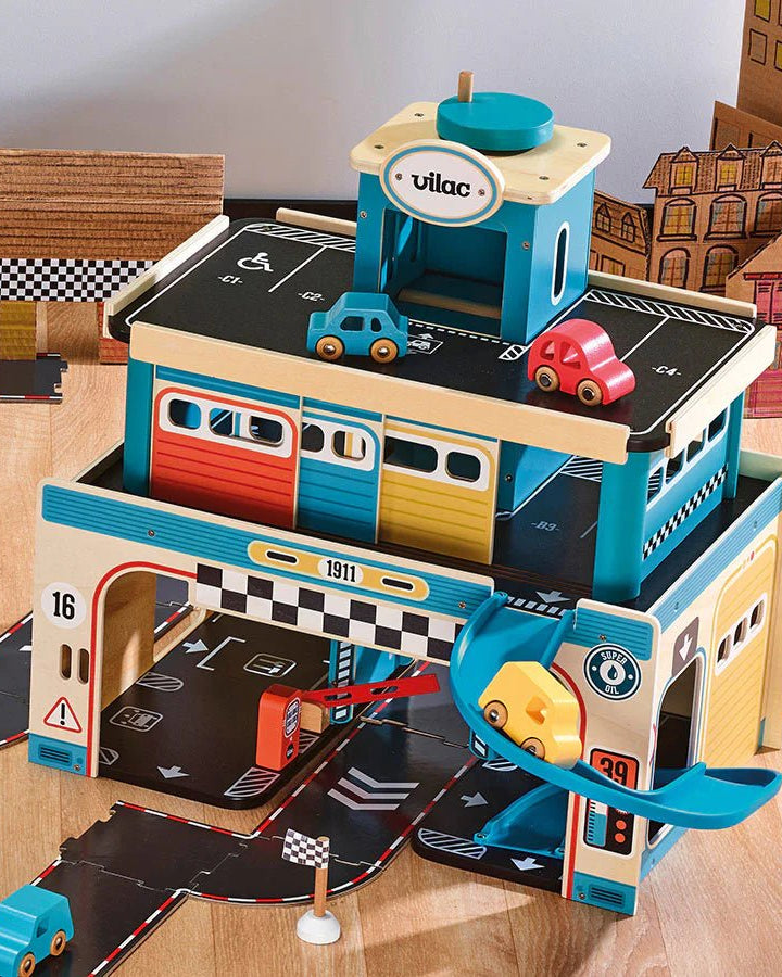 Garage en bois vintage à étages pour petites voitures - Ensembles de jeu - Boutique LeoLudo - Vilac