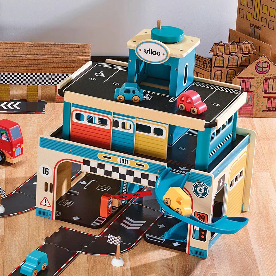 Garage en bois vintage à étages pour petites voitures - Ensembles de jeu - Boutique LeoLudo - Vilac