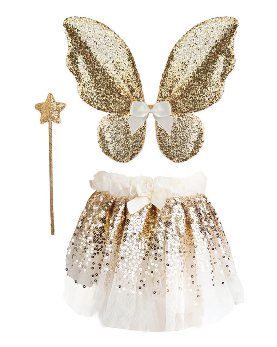 Jupe, ailes et baguette Gracieuse à paillettes d'or - Costumes - Boutique LeoLudo - Great Pretenders
