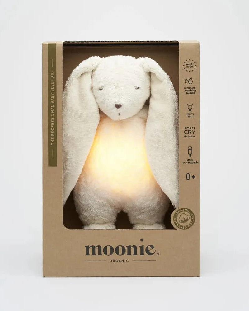 Lapin Polaire Moonie – Peluche sonore biologique avec veilleuse - Jouets d'éveil - Boutique LeoLudo - moonie