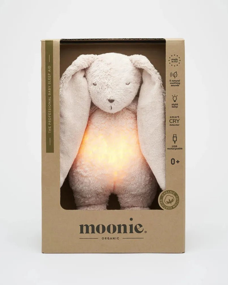 Lapin Rose Moonie – Peluche sonore biologique avec veilleuse - Jouets d'éveil - Boutique LeoLudo - moonie
