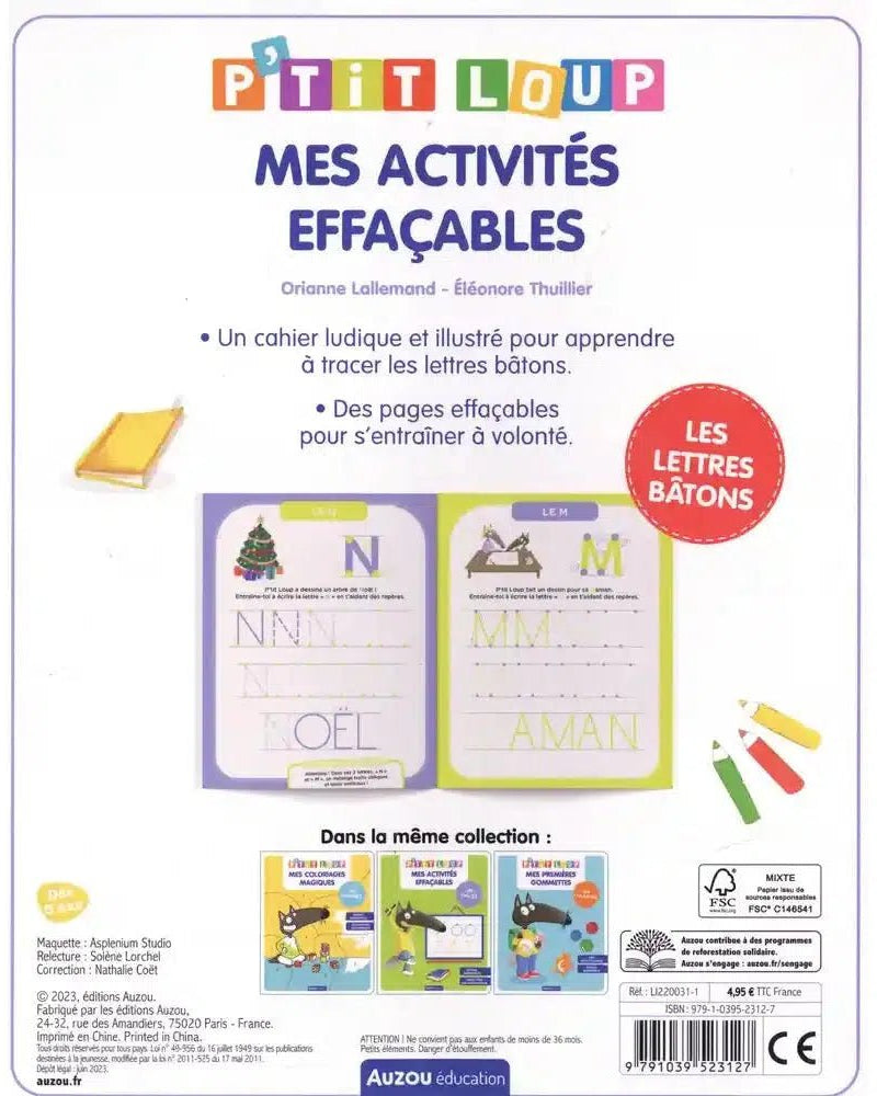 Mes activités effaçables P'tit Loup: lettres bâtons - Cahiers d'activités - Boutique LeoLudo - Auzou