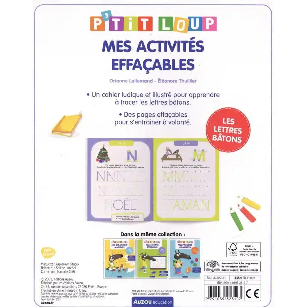 Mes activités effaçables P'tit Loup: lettres bâtons - Cahiers d'activités - Boutique LeoLudo - Auzou