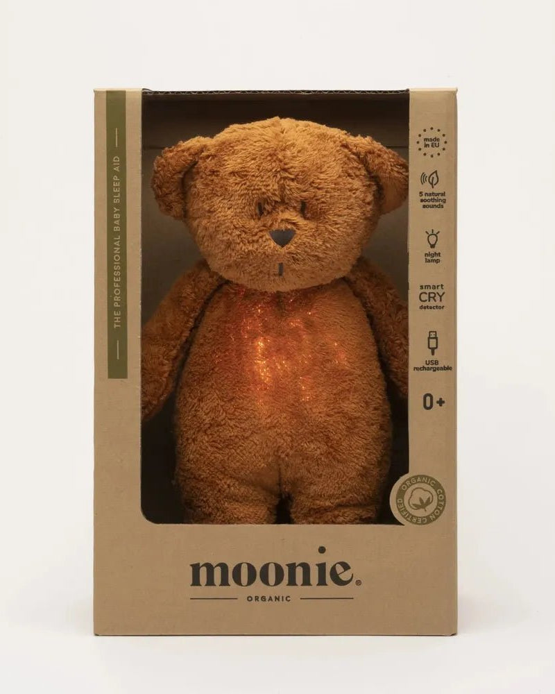 Ourson Caramel Moonie – Peluche sonore biologique avec veilleuse - Jouets d'éveil - Boutique LeoLudo - moonie