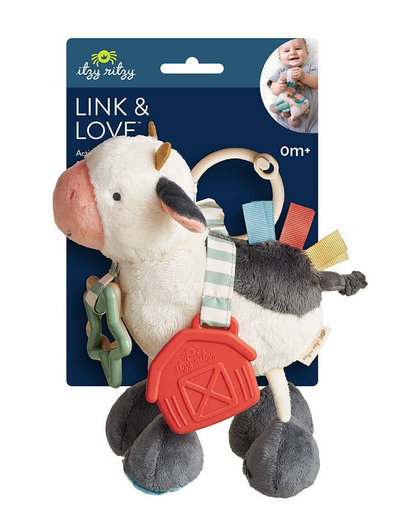 Peluche d’activités sensorielle bébé – Vache Itzy Friends Link & Love™ - Jouets d'éveil - Boutique LeoLudo - Itzy Ritzy Canada