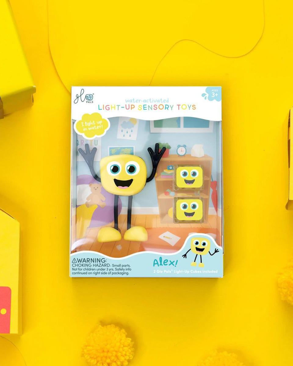 Personnage + cubes lumineux pour le bain Glo Pals - Alex (jaune) - Jouets de bain - Boutique LeoLudo - Glo Pals
