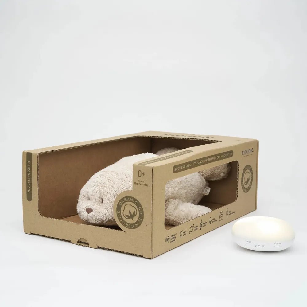 Phoque Moonie sable – Peluche apaisante biologique avec veilleuse - Jouets d'éveil - Boutique LeoLudo - moonie