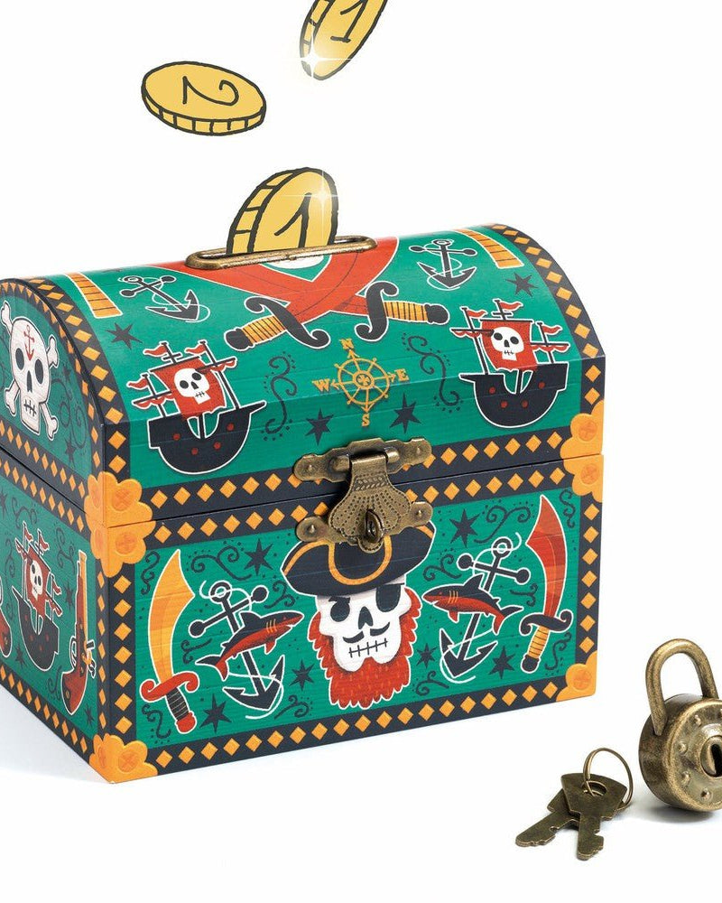 Tirelire Pirates en bois avec fente, rebord métal et bouchon. - Boutique LeoLudo