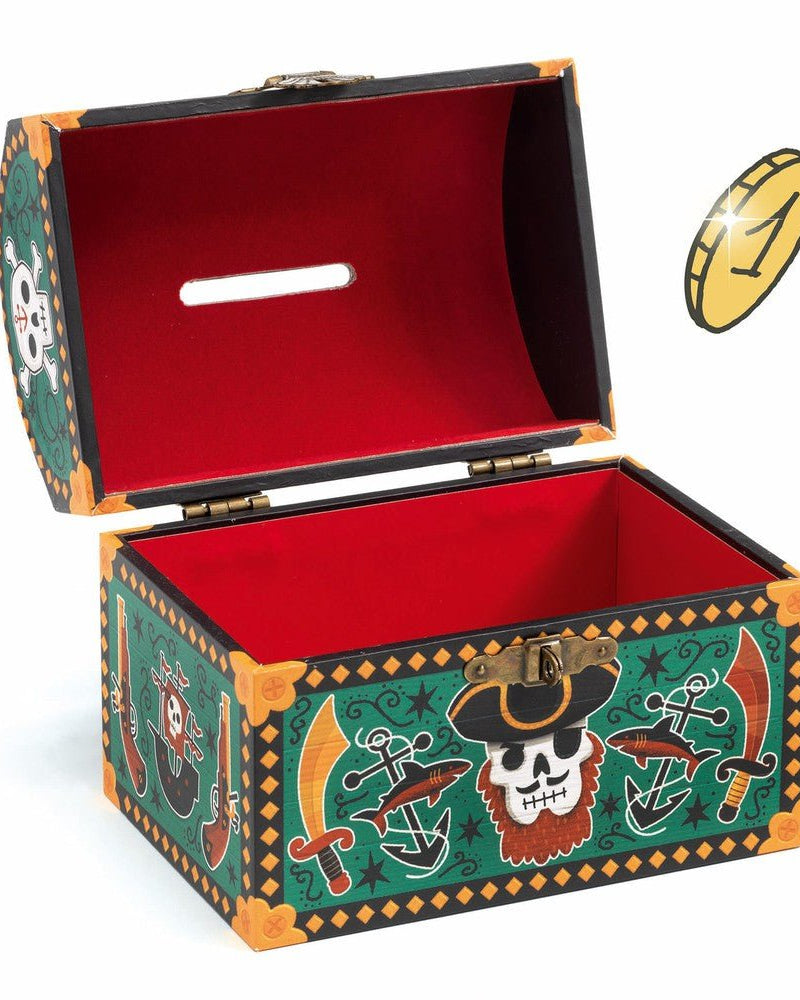 Tirelire Pirates en bois avec fente, rebord métal et bouchon. - Boutique LeoLudo