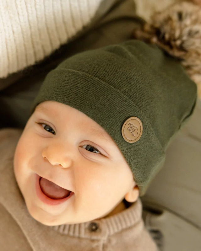 Tuque à pompon en coton bio pour bébé 0-6m - Olive -Accessoires vestimentaires- Boutique LeoLudo-Petit Coulou