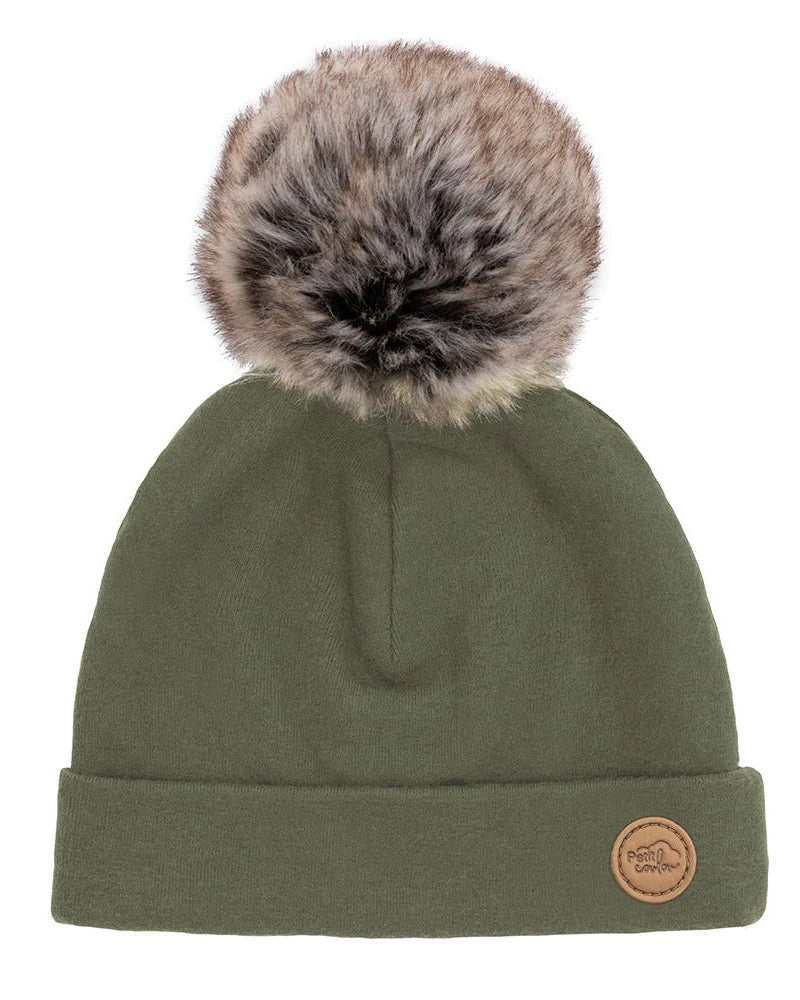Tuque à pompon en coton bio pour bébé 0-6m - Olive -Accessoires vestimentaires- Boutique LeoLudo-Petit Coulou