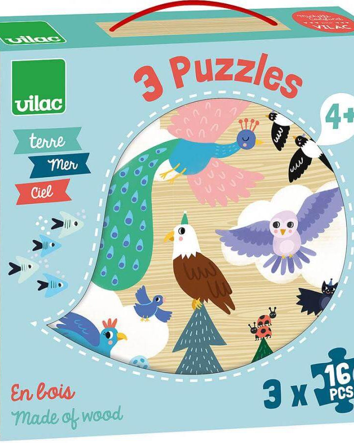 Casse - têtes en bois - Terre, mer, ciel (3 x 16 pcs) - Casse - têtes - Boutique LeoLudo - Vilac