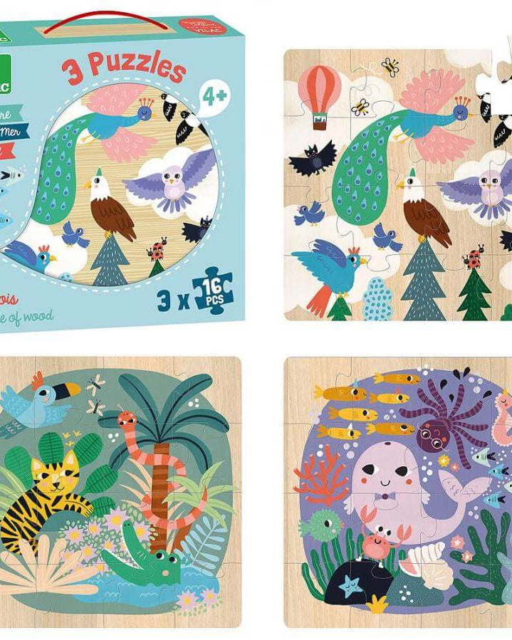 Casse - têtes en bois - Terre, mer, ciel (3 x 16 pcs) - Casse - têtes - Boutique LeoLudo - Vilac