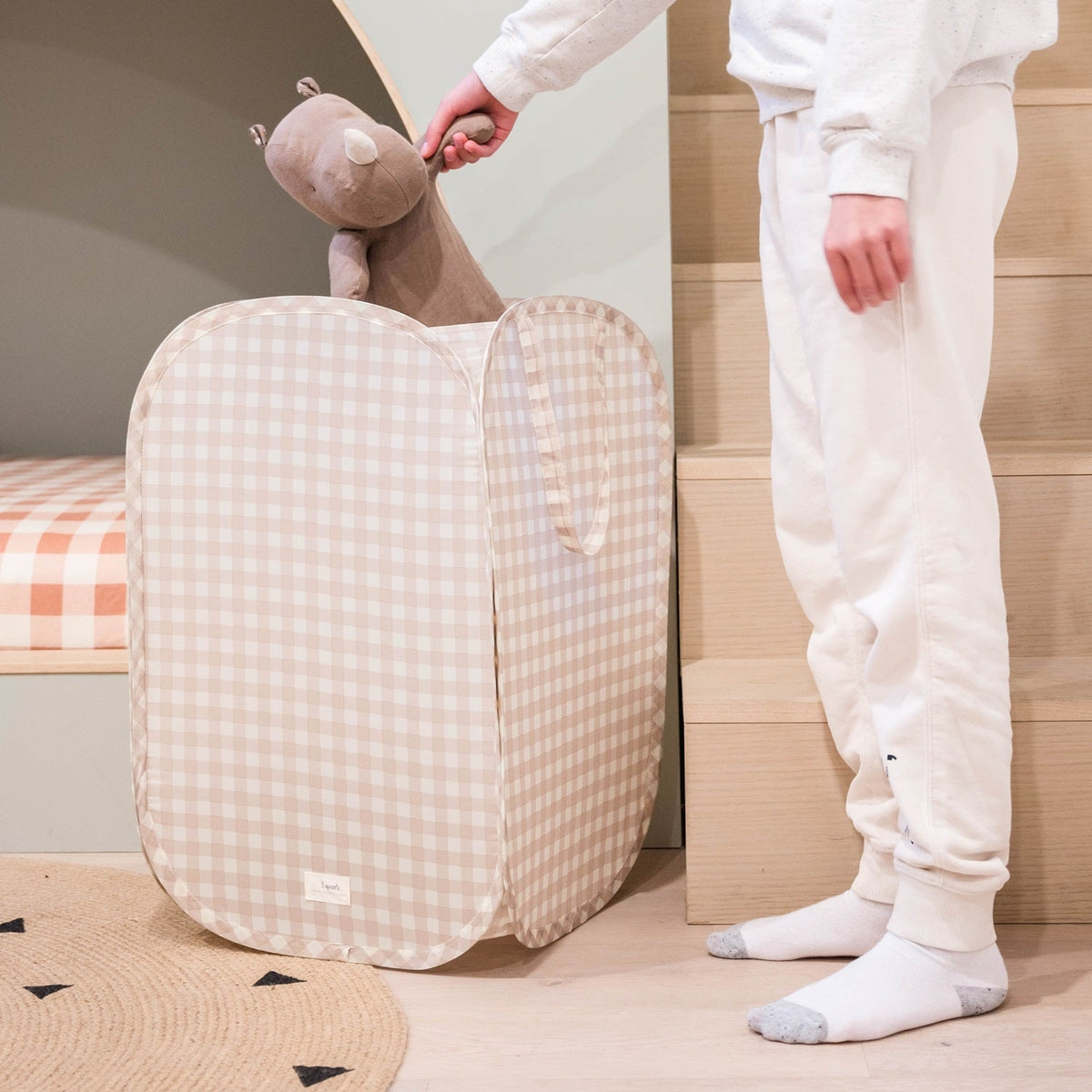 Panier à linge pop-up en tissu recyclé - Vichy beige - 3 Sprouts - Boutique LeoLudo