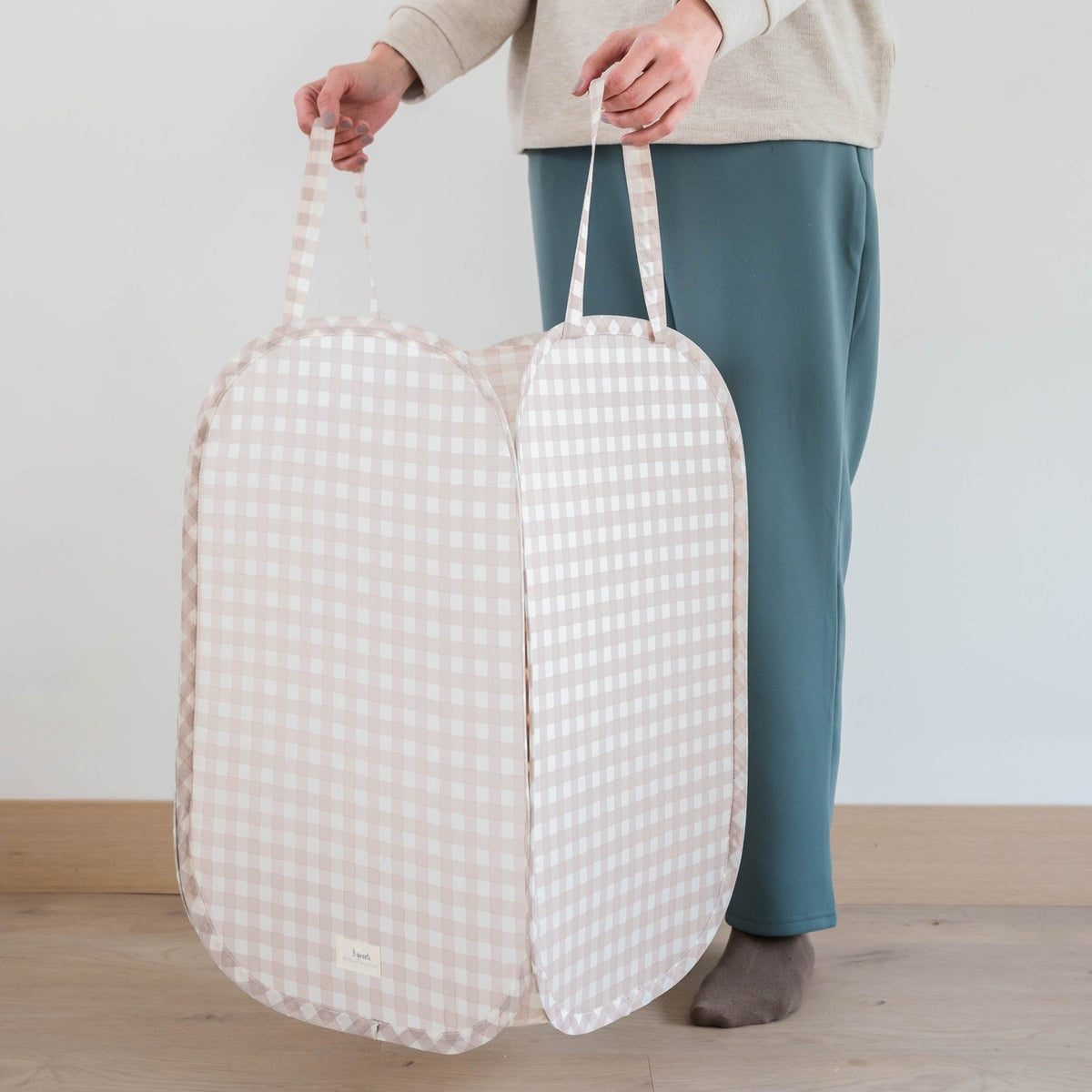 Panier à linge pop-up en tissu recyclé - Vichy beige - 3 Sprouts - Boutique LeoLudo