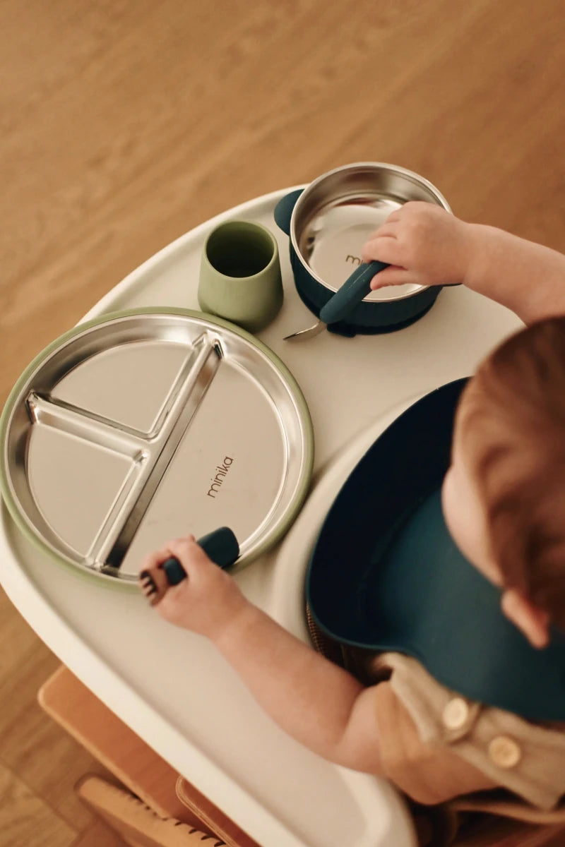 Assiette à compartiments en acier avec succion en silicone - Alimentation & repas - Boutique LeoLudo - Minika