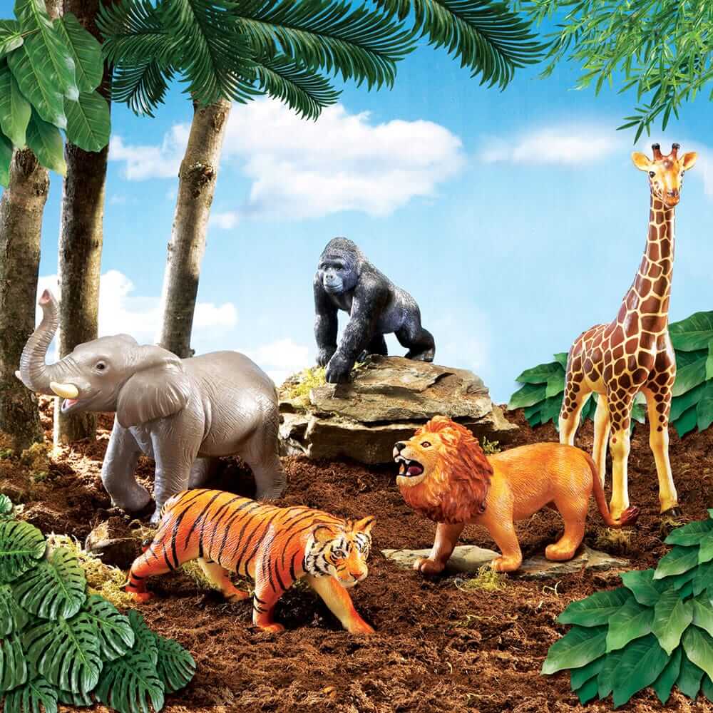 11 figurines en bois Animaux de la jungle et savane Bajo