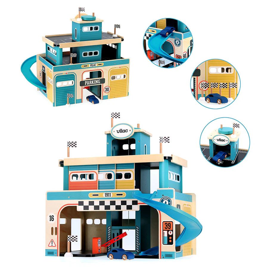 Garage en bois vintage à étages pour petites voitures - Ensembles de jeu - Boutique LeoLudo - Vilac