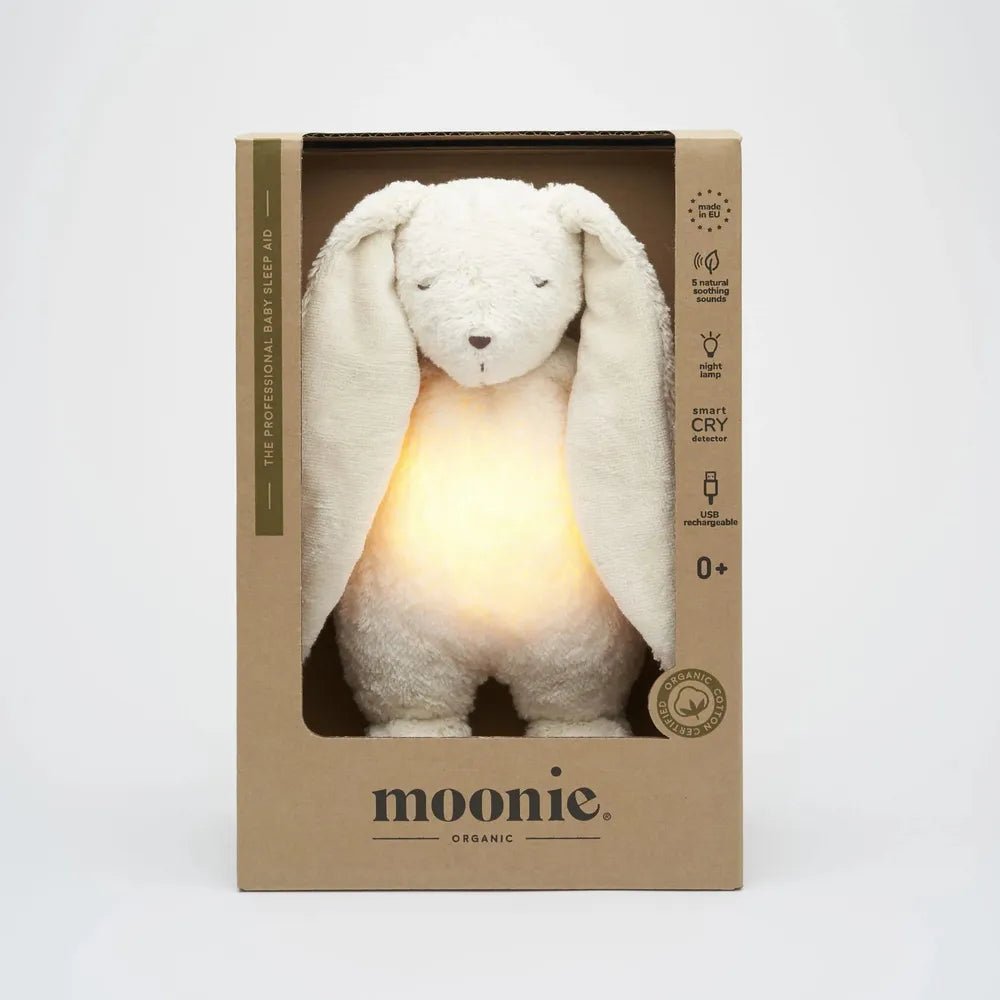 Lapin Polaire Moonie – Peluche sonore biologique avec veilleuse - Jouets d'éveil - Boutique LeoLudo - moonie