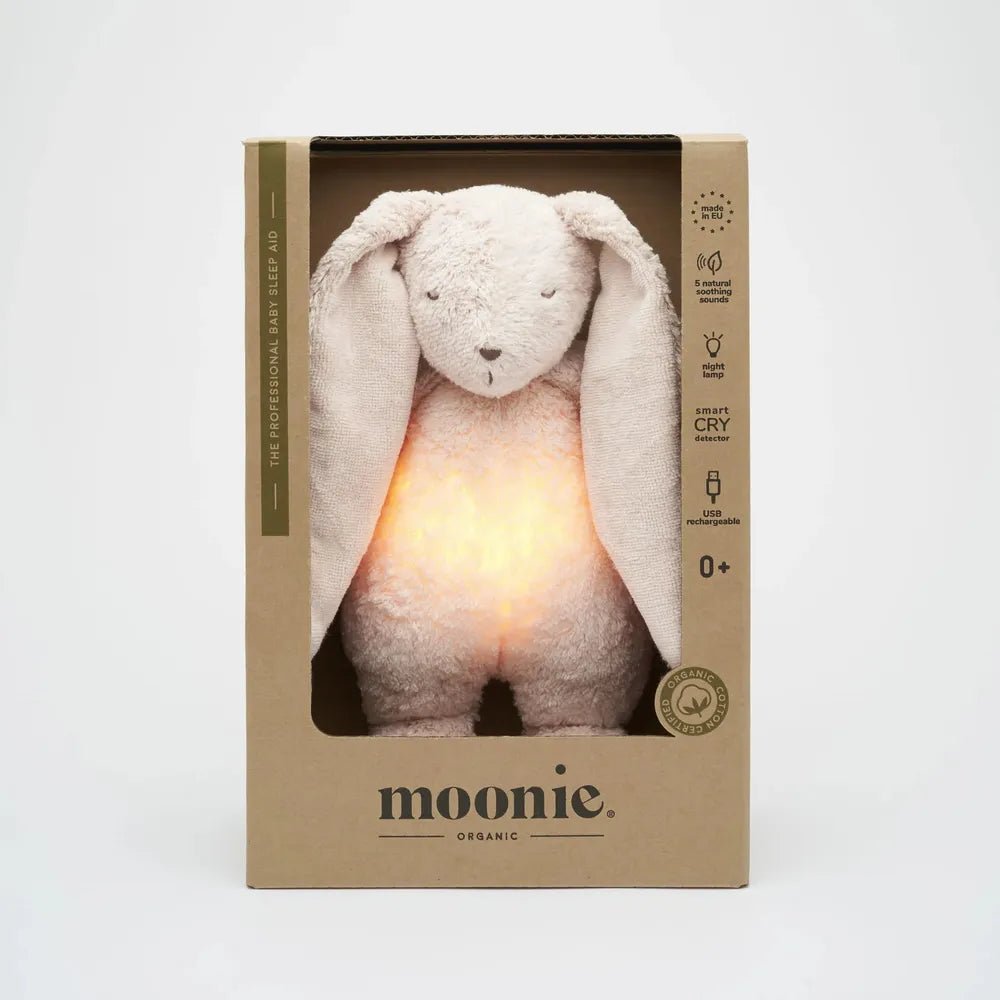 Lapin Rose Moonie – Peluche sonore biologique avec veilleuse - Jouets d'éveil - Boutique LeoLudo - moonie