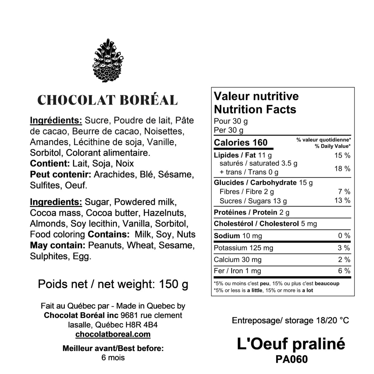 Œuf en chocolat praliné - 150g - Nourriture - Boutique LeoLudo - Chocolat Boréal