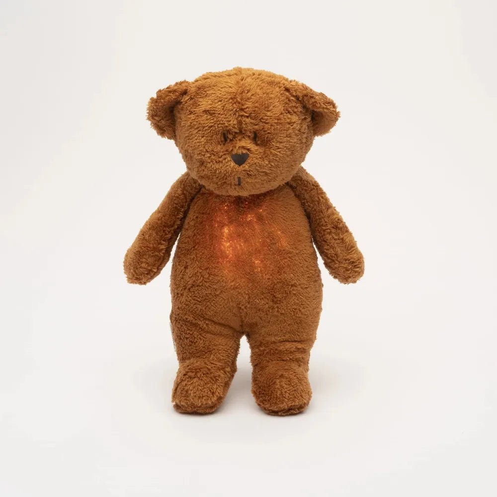 Ourson Caramel Moonie – Peluche sonore biologique avec veilleuse - Jouets d'éveil - Boutique LeoLudo - moonie