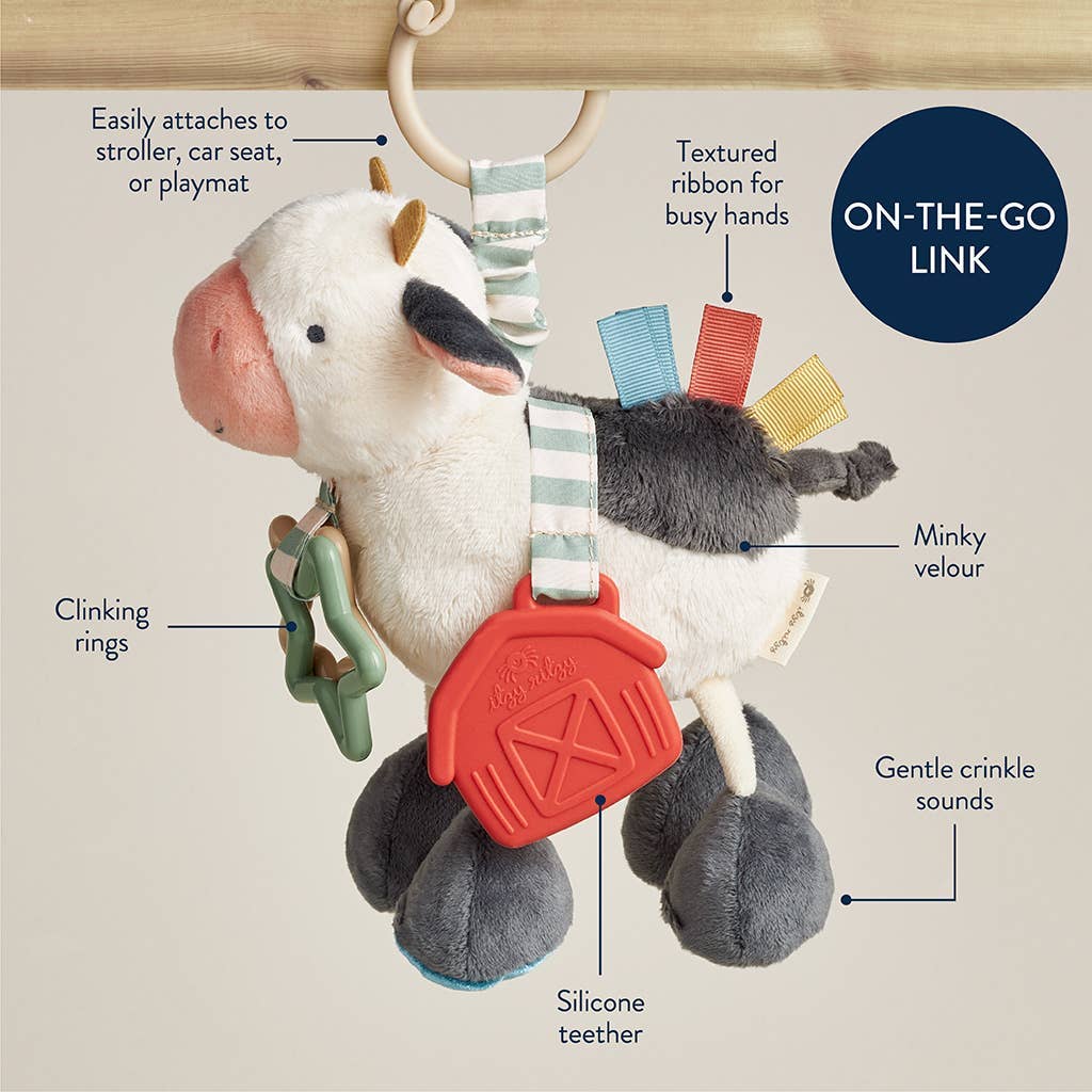 Peluche d’activités sensorielle bébé – Vache Itzy Friends Link & Love™ - Jouets d'éveil - Boutique LeoLudo - Itzy Ritzy Canada