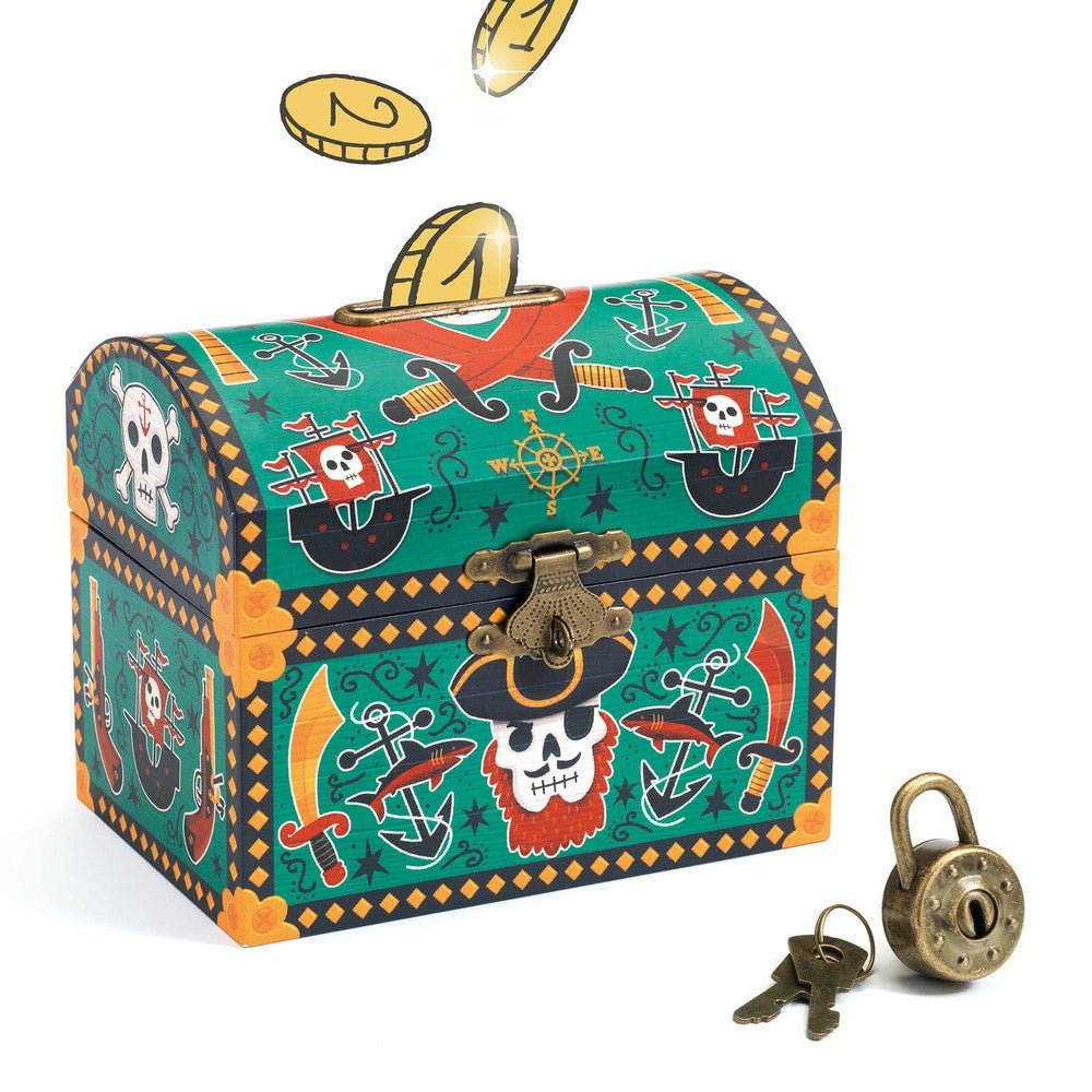 Tirelire Pirates en bois avec fente, rebord métal et bouchon. - Boutique LeoLudo