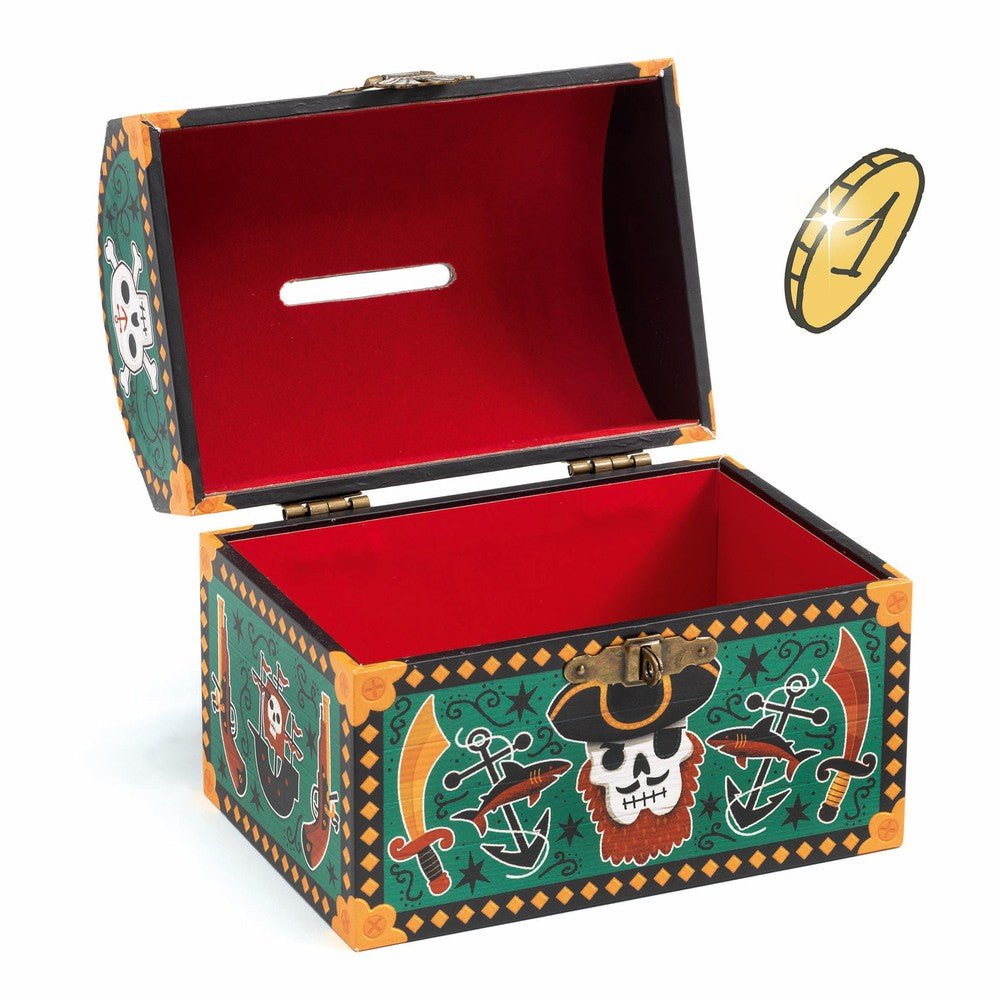 Tirelire Pirates en bois avec fente, rebord métal et bouchon. - Boutique LeoLudo
