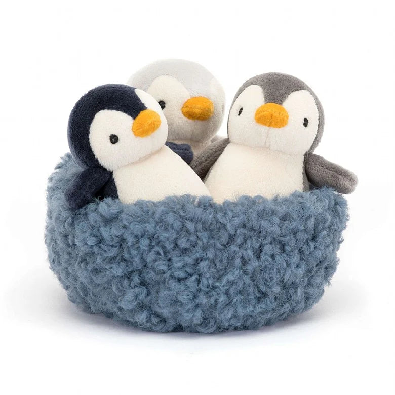 Trio de pingouins en peluche dans leur nid-Jellycat-Boutique LeoLudo