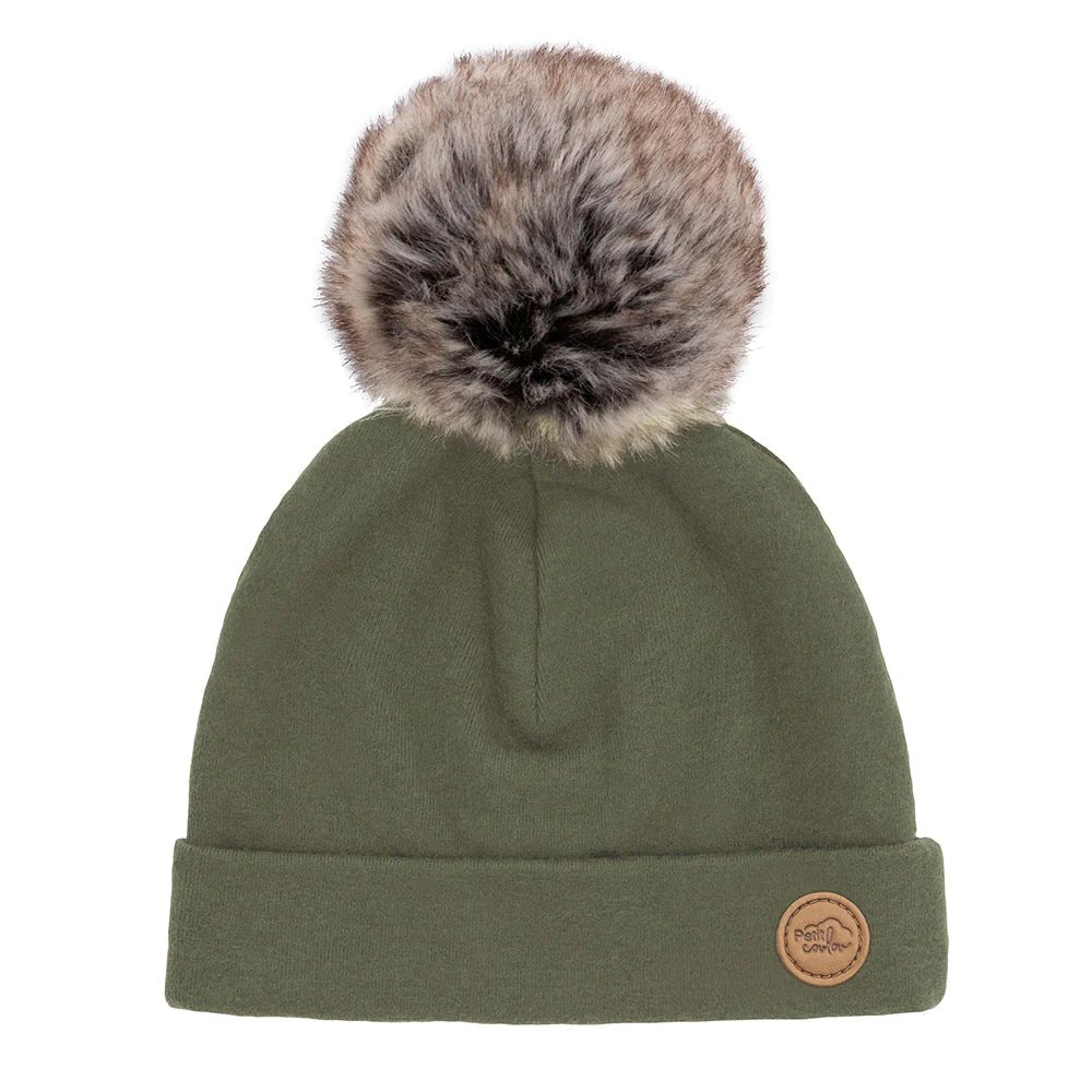 Tuque à pompon en coton bio pour bébé 0-6m - Olive -Accessoires vestimentaires- Boutique LeoLudo-Petit Coulou