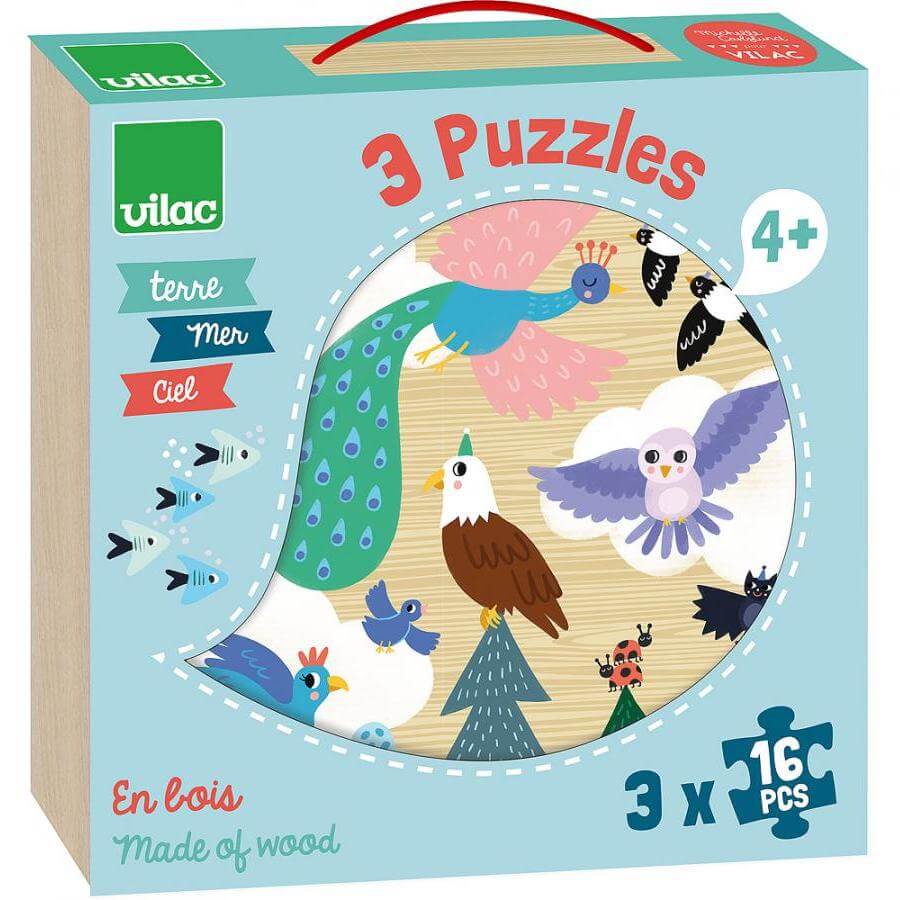 Casse - têtes en bois - Terre, mer, ciel (3 x 16 pcs) - Casse - têtes - Boutique LeoLudo - Vilac