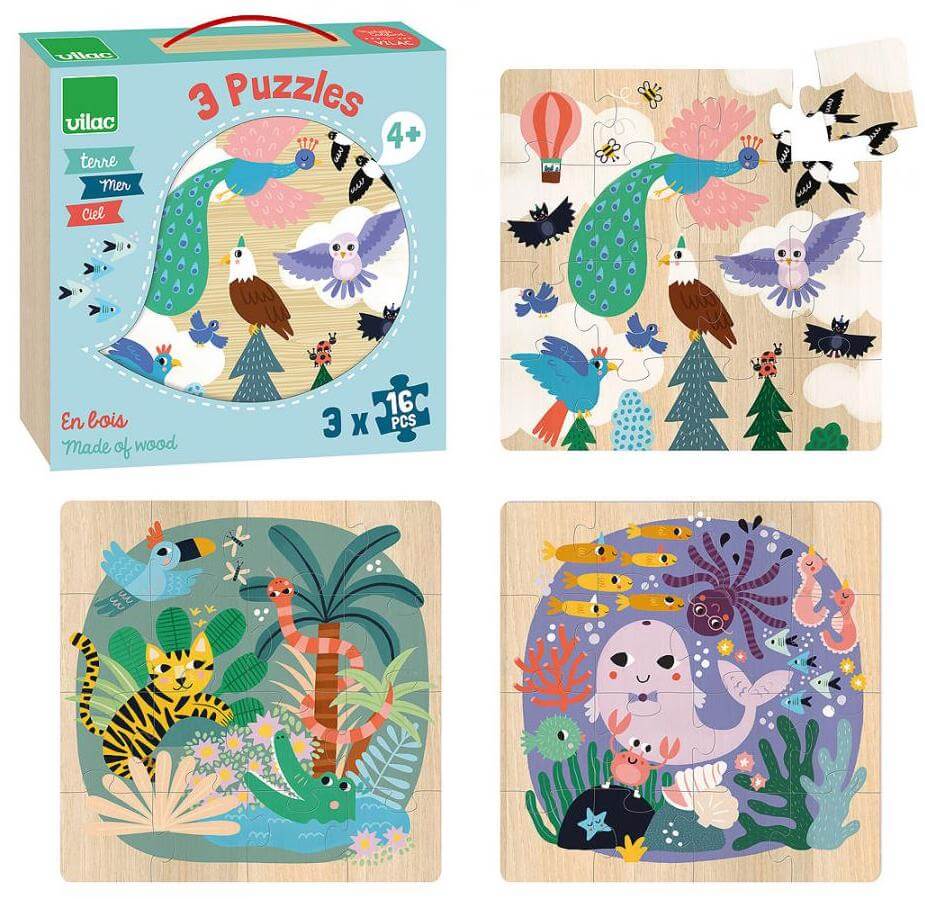 Casse - têtes en bois - Terre, mer, ciel (3 x 16 pcs) - Casse - têtes - Boutique LeoLudo - Vilac