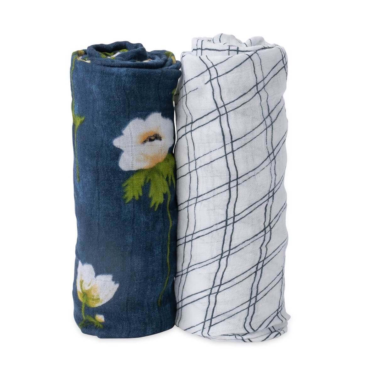 Couvertures (2) en mousseline de luxe - Anémone blanche-Little Unicorn-Boutique LeoLudo