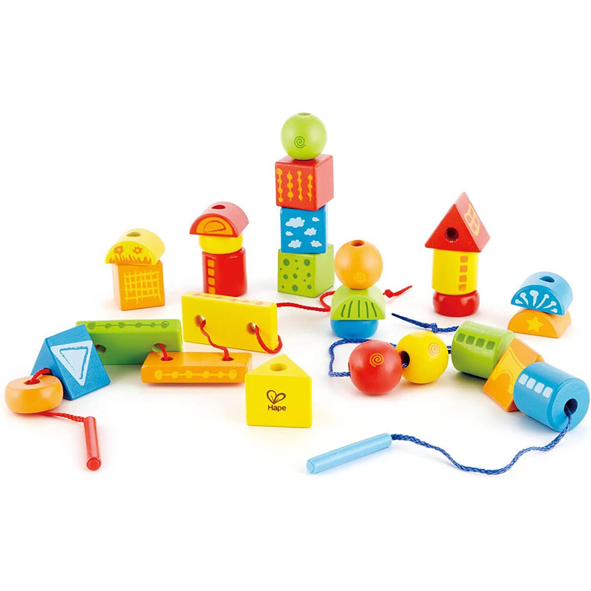 Formes en bois à enfiler (32 pcs) - Jeux de motricité fine - Boutique LeoLudo - Hape