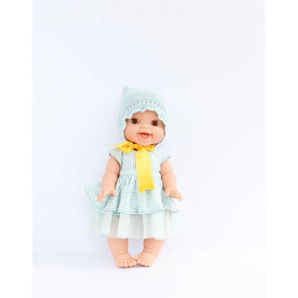 Vêtements de poupée - Robe turquoise, bonnet en tricot et boucle-Paola Reina-Boutique LeoLudo